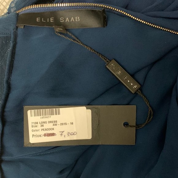 NWT Elie Saab Peacock Blue Sequin Beaded Long Sleeve Gown Dress, Sz 36 - Picture 13 of 14